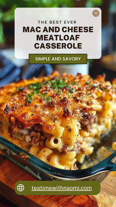 macaroni and cheese casserole with text overlay