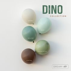 three different colored balloons with the words dino on them in green, brown and white