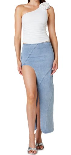 Color: Denim Material: 66% Cotton 32% Polyester and 2% Spandex Top Skirt Set, Swimwear Sets, Top Pants Set, Denim Material, Strapless Tops, Denim Midi Skirt, One Shoulder Tops, Overall Dress, Dresses With Leggings