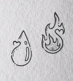 two drawings of fire and water on paper