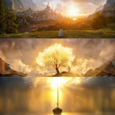 the lord of the rings is shown in three different pictures, one with a tree on it