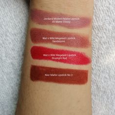 1.@jordanamakeup modern matte lipstick 05 Matte Classy 2.@wetnwildbeauty lipstick Sandstorm 3.@wetnwildbeauty lipstick Stoplight Red 4.@niorcosmetics matte lipstick No 2 Stop Light, Rainy Season, Matte Lipstick, No. 2, Lips, Red, Beauty