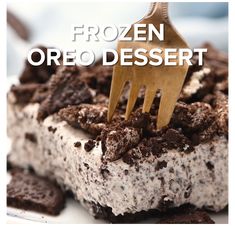 a fork stuck into a dessert with oreo cookies and cream on it that says frozen oreo desert