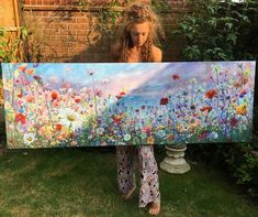 Textured Wildflower Painting, Wildflower Landscape Painting, Horizontal Flower Painting, Panoramic Landscape Painting, Big Landscape Paintings, Long Landscape Paintings Horizontal, Horizontal Paintings On Canvas, Wildflower Canvas Painting, Horizontal Painting Ideas