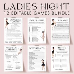 ladies's night printable games bundle with instructions for each game, including the names and