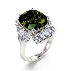 Celebrate one of the most unforgettable moments of your life with this joyous expression of love. This ring features a cushion cut center stone wrapped in a frame of marquise, emerald and trillion stones. All the stones sparkle perfectly from every angle, making the ring an eye-catcher everywhere.Carat Weight: 9.715 ctStone Size: 10*12 mmStone Type: Jeulia® StoneNumber of Stones: 1 Stone Shape: Elongated CushionStone Color: Peridot GreenCarat Weight: 2.225 ctStone Size: 3*3,1.5*3,2*4,1.2,2.5,2*1 Luxury Green Cushion Cut Diamond Ring, Green Cushion Cut Diamond Ring For Formal Occasions, Green Marquise Diamond Ring For Formal Occasions, Green Marquise Diamond Ring For Formal Events, Green Cushion Cut Emerald Ring With Accent Stones, Formal Green Marquise Diamond Ring, Green Cushion Cut Diamond Ring With Center Stone, Green Cushion Cut Diamond Ring, Cushion Cut Wedding Rings With Gemstone Accents