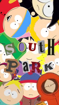 the south park characters are surrounded by many different colored faces and letters that spell out south park