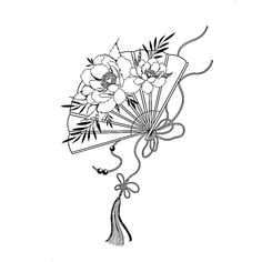 a black and white drawing of a bouquet of flowers with ribbons tied around the stems