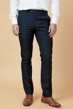 MAX - Navy Blue Trousers with Contrast Buttons Dwight Mcneil, Navy Blue Trousers, Workwear Wardrobe, Stylish Mens Suits, Blue Two Piece, Circle Print, Navy Blue Suit, Navy Suit, Checked Blazer