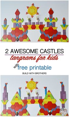 two different types of origami for kids with text overlay that reads, 2 awesome castles diagrams for kids free printable build with brothers