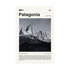 the cover of patagonia magazine with mountains in black and white, on a white background