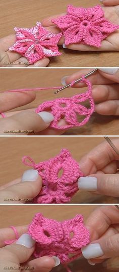 the crochet flower is being worked on