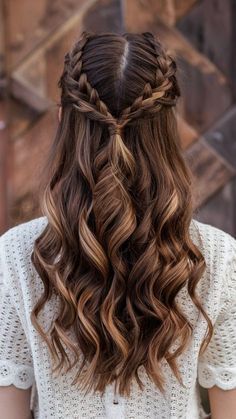 Hair Ideas Pictures, Cute Homecoming Hairstyles Half Up, Easy Cute Homecoming Hairstyles, Long Maid Of Honor Hair, Hairstyles For Curled Hair Half Up, Wedding Hairstyles With Black Hair, Braided Homecoming Hairstyles Half Up, Hairstyles For Long Medium Hair, Simple Braid Wedding Hair