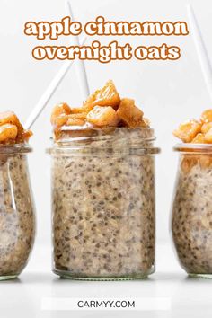 three jars filled with apple cinnamon overnight oats