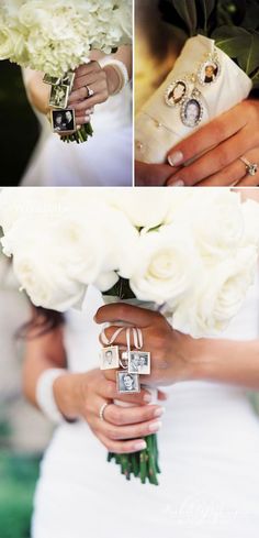 the bride's bouquet is made up of white roses and brooches, which are attached to her wedding ring