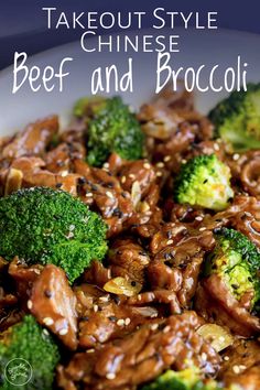 beef and broccoli stir fry on a white plate with text that reads takeout style chinese beef and broccoli