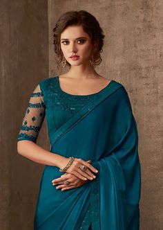 Peacock Blue Designer Embroidered Silk Party Wear Saree-Saira's Boutique Teal Blue Saree, Walker Wallpaper, Saree Bollywood, Grey Saree, Moon Images, Designer Silk Sarees, Plain Saree, Red Wing Boots, Party Wear Saree