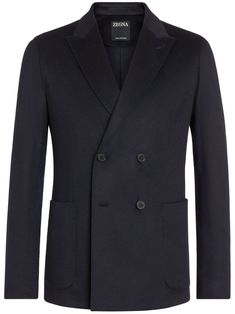 navy blue cashmere peak lapels double-breasted button fastening long sleeves buttoned cuffs two side patch pockets English rear vents unlined straight hem Blazer Blue, Breasted Blazer, Double Breasted Blazer, Mens Suits, Double Breasted, Blazer Jacket, Cashmere, Top Brands, Navy Blue