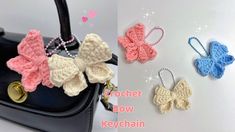 crochet bow keychains are shown in three different colors