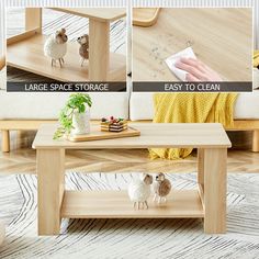 three pictures showing how to clean a coffee table