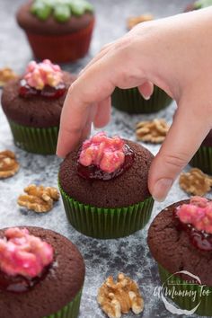 a hand picking up some chocolate cupcakes with raspberry topping