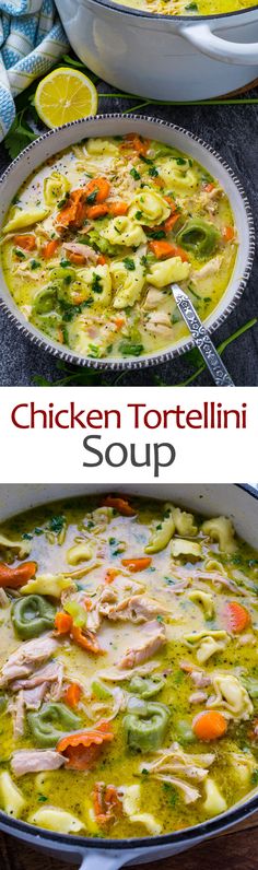 chicken tortellini soup in a pan with lemon wedges