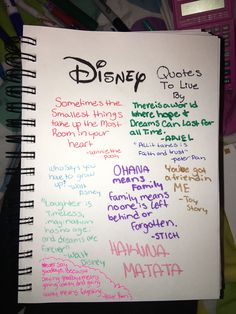 a spiral notebook with disney quotes written on it