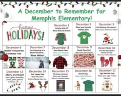 a calendar with christmas items on it and the words, december to november for memphis elementary