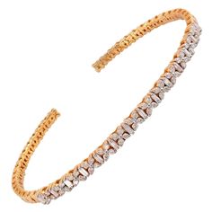 Cast from 14-karat yellow gold, this bracelet is hand set with .85 carats of sparkling diamonds. Available in yellow, rose and white gold. Stack with your favorite pieces or wear it alone. FOLLOW MEGHNA JEWELS storefront to view the latest collection & exclusive pieces. Meghna Jewels is proudly rated as a Top Seller on 1stDibs with 5 star customer reviews. All items manufactured by us are handmade and can be customized or redesigned. Composition Gross Weight 6.85 gm 14k Yellow Gold Weight 6.68 gm Diamond Weight 0.85 ct. Bracelet Size 2.4 AN Gold Jewellery Design, Sparkle Diamonds, Yellow Rose, Bracelet Sizes, Bangle Bracelet, Diamond Bracelet, Gold Diamond, Bangle Bracelets, Gold Bracelet