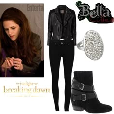 a woman wearing black clothes and boots with a ring on her finger, next to an image of the twilight saga breaking dawn