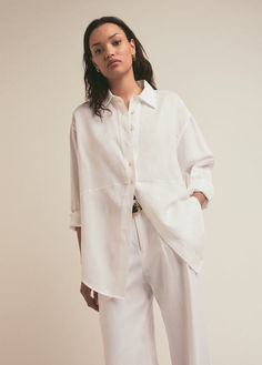 White Linen Shirt For Daywear, White Relaxed Fit Linen Shirt, White Linen Shirt With Pockets, Unstructured White Shirt For Daywear, White Linen Shirt For Everyday Wear, Everyday White Linen Shirt, Relaxed White Shirt For Daywear, Relaxed White Linen Shirt, Oversized White Linen Shirt