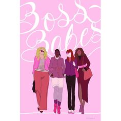 three women are standing together in front of a pink background with the words boss babe on it