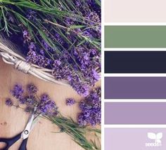 the color scheme is purple and green with lavenders on it, along with scissors