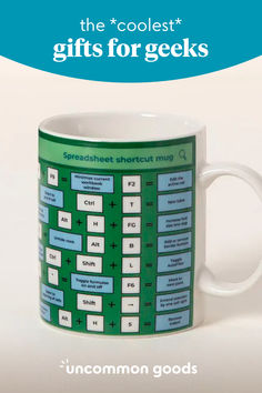 a coffee mug with the words, gifts for geeks on it and an image of a