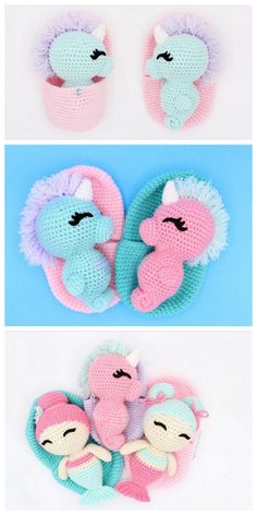 crocheted unicorn slippers are shown in three different colors