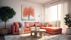 Coral or terracotta accent sectional couch in the living room. Generative AI stock photos Couches Living Room, Sectional Couch, Sectional, Coral, Couch, Internet, Living Room