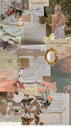 a collage with many different pictures and words on it's side, including an open book