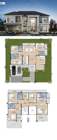 two story house plan with three levels and an open floor plan for the first level