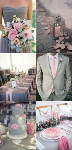 a collage of photos with pink and gray wedding colors, including teacups