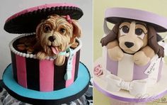 two cakes decorated to look like dogs in hats and gowns, one with a dog's head sticking out of the top