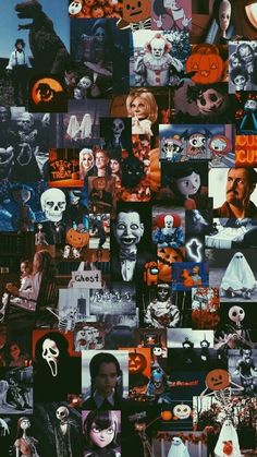 a collage of halloween pictures with faces and other things on the wall behind them