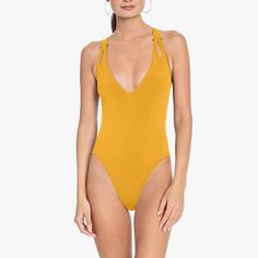 Crossback Plunge Neckline One Piece Swimsuit With Gold Metal Accents Removable Cups Adjustable Ties Supportive With Moderate Coverage Style: 191717 Description Plunge One Piece Swimsuit Features Metallic Barbell Accents At Cutout Straps With Adjustable X-Back Ties. Yellow Poolside Bodysuit With Lined Body, Yellow Bodysuit With Lined Body For Poolside, Yellow Lined Bodysuit For Poolside, Yellow Lined Bodysuit For Vacation, Yellow Bodysuit For Swimming With Lined Body, Yellow Backless Bodysuit For Beachwear, Yellow Lined Swimming Bodysuit, Yellow Sleeveless Bodysuit For Pool, Yellow Lined Bodysuit For Swimming