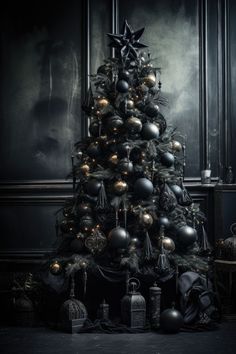 a decorated christmas tree in a dark room with ornaments on the top and bottom branches