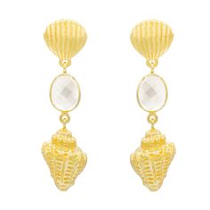 Fun and playful seashell earrings with a gemstone attached in the middle 24k gold plated Measures 2" Single Gold Earring With Mother Of Pearl, Gold Shell Jewelry With Natural Stones, Gold Dangle Earrings With Mother Of Pearl, Gold Brass Shell Earrings, Gold Mother Of Pearl Earrings For Beach, Gold Mother Of Pearl Shell-shaped Earrings, Seashell Earrings, In The Middle, The Middle