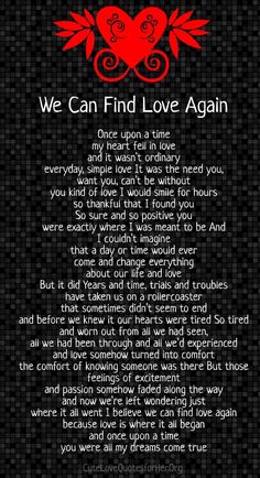 a poem written in red and black with two hearts on the bottom, which reads we can find love again