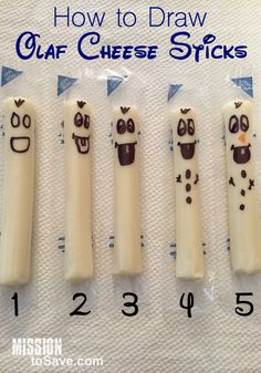 four cheese sticks with faces drawn on them and numbers in the middle, including one that says how to draw