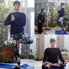 the man is practicing yoga outside in his home garden and doing various poses for each other