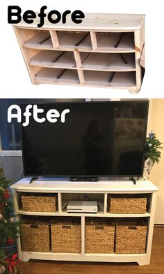 the before and after of a tv stand with baskets on it