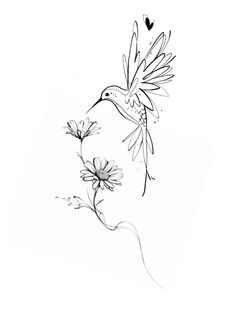 a black and white drawing of a hummingbird flying over flowers with a heart in the background