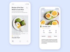 two iphone screens with food on them, one showing an egg and the other displaying what to cook now